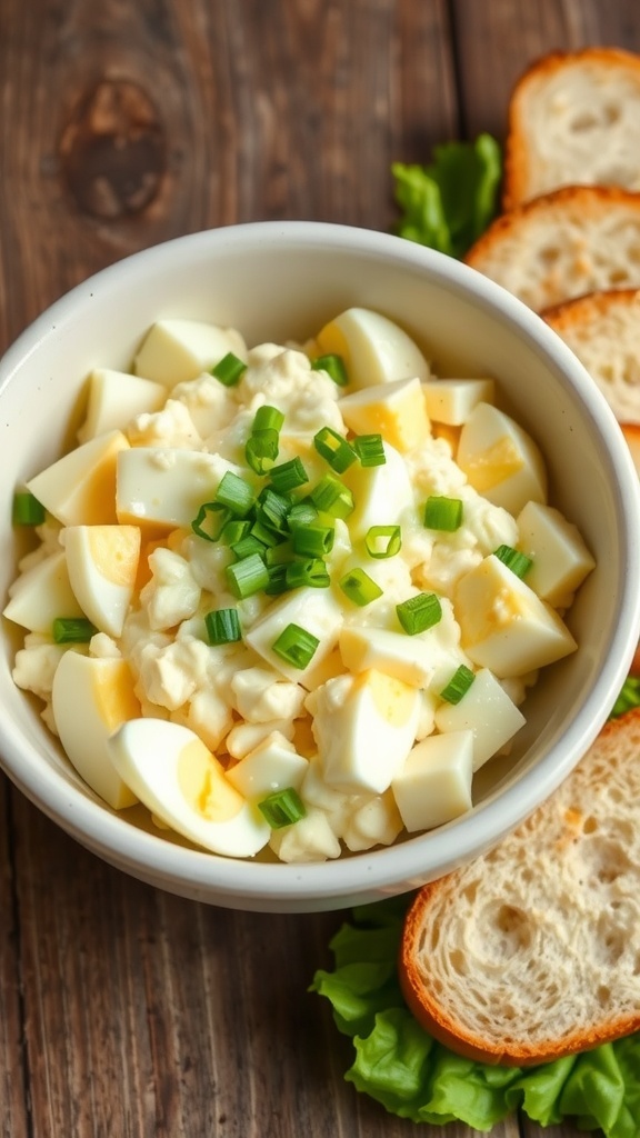 A bowl of Japanese egg salad with chopped eggs and green onions, served with bread and lettuce.